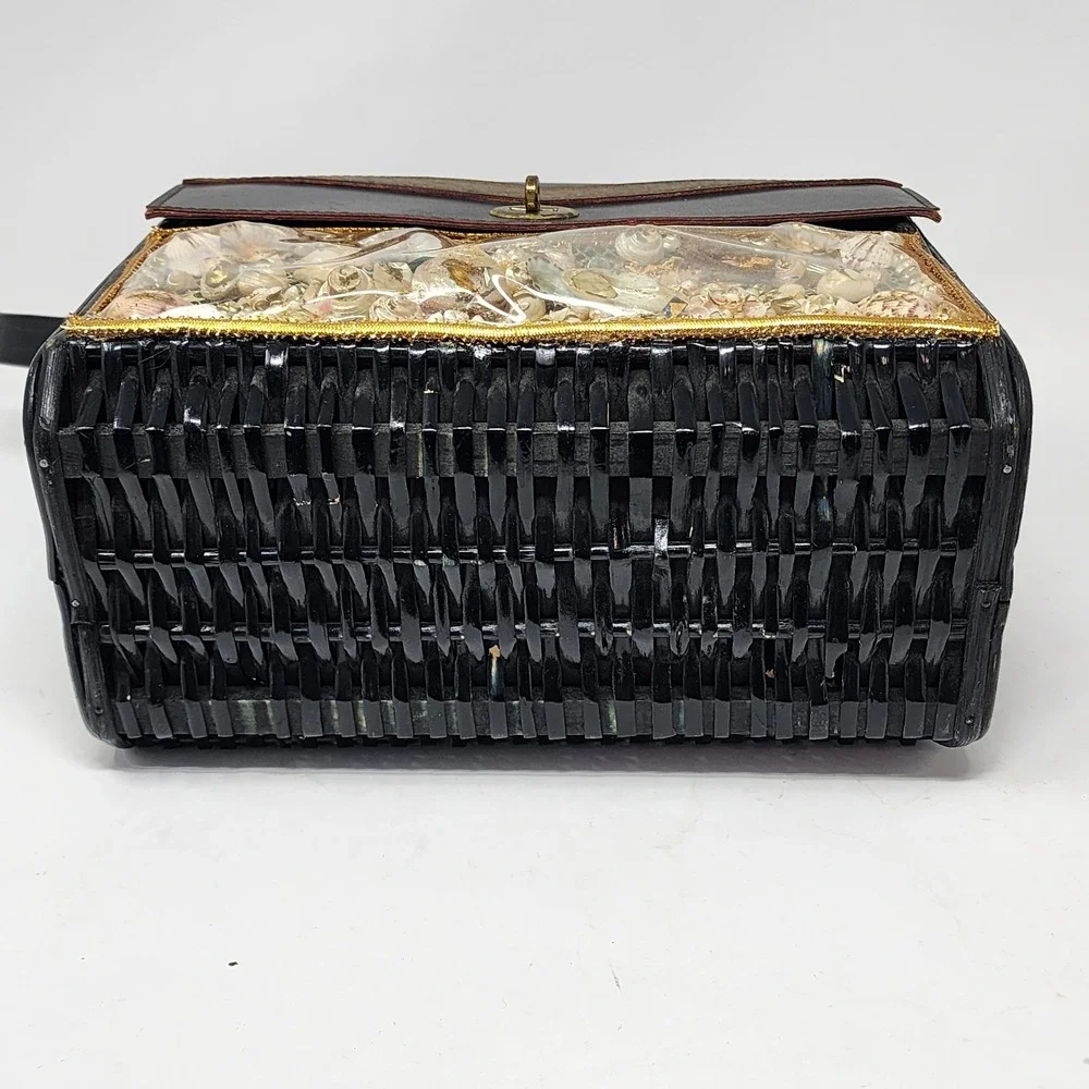 VTG Black Wood Wicker Under the Sea Fish Scene Windowpane Purse Novelty Handbag‎